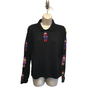 Sweater Weather Polo Sweater Black Beaded Christmas Toy Soldier L NWT May Fit M